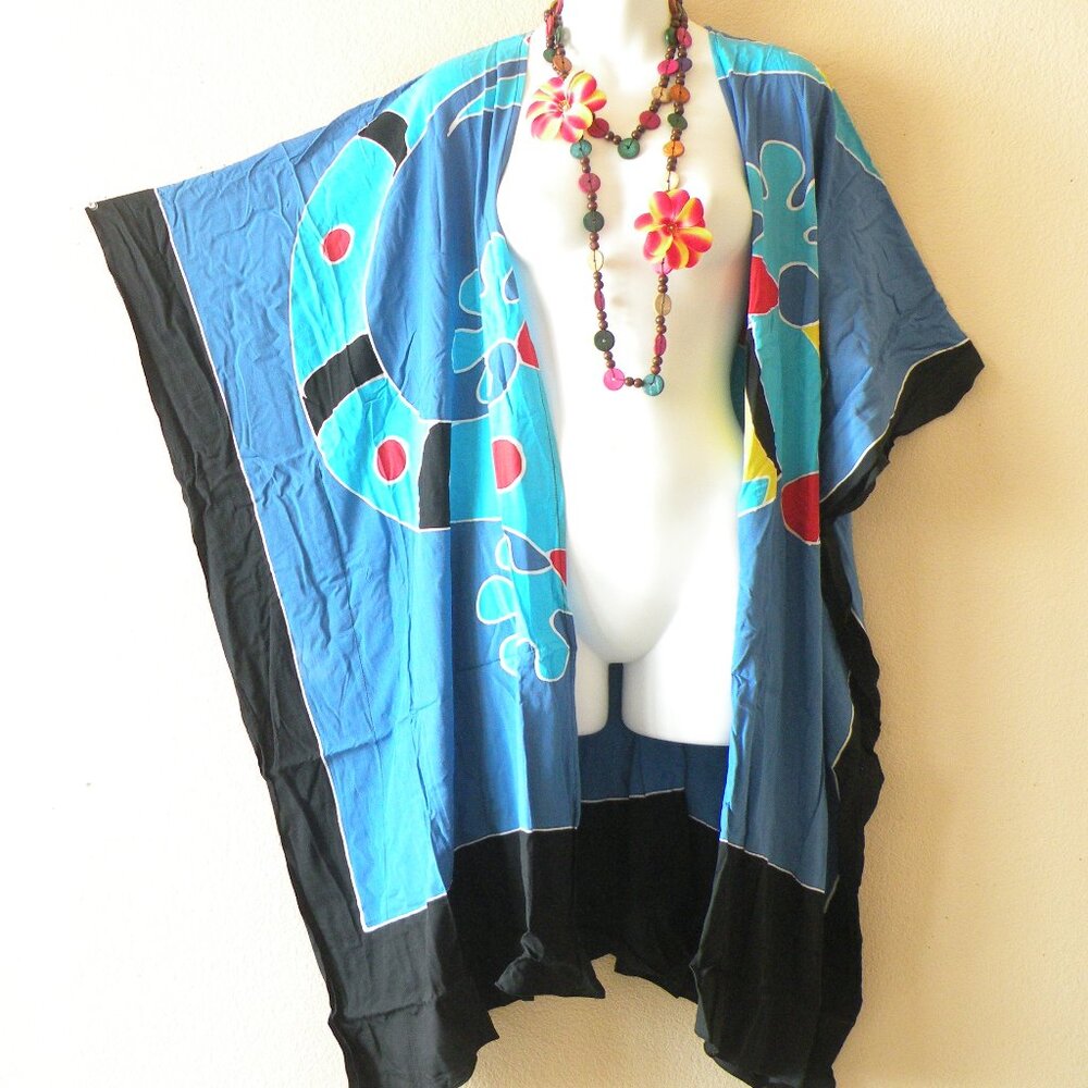 CM53 Gecko Batik Plus 38" Open Hand Painted Cover Up Midi Cardigan fit up to 5X